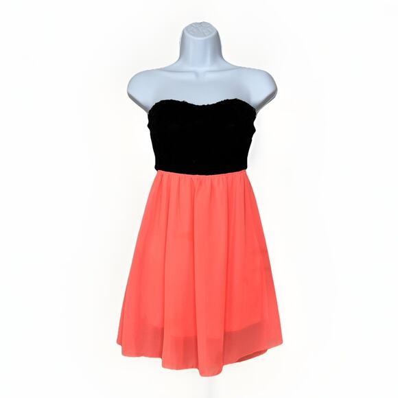 Deb Dresses & Skirts - VTG Y2K Deb Womens Stretch Dress Small Black Bow Lace Neon Orange Skirt Party